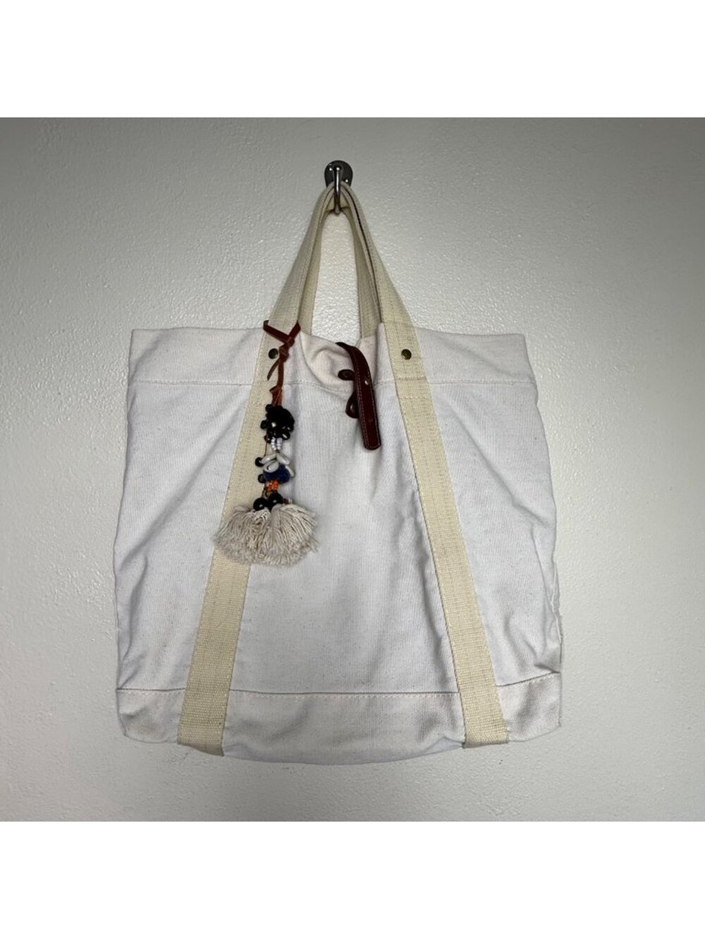 Anthropologie FREDD & BASHA Cream Canvas Tote Bag With Boho Charm Accent